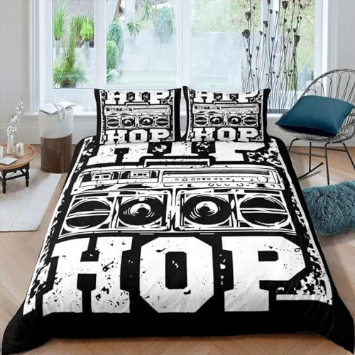 LEOPED Bettwäsche 135x200 Hip Hop Graffiti Muster Bettbezug Set 2 Teilig Rock and Roll Musik Thema Microfaser Weich Bettbezüge + 1 Kissenbezug 80x80 cm, mit Reißverschluss DE1159