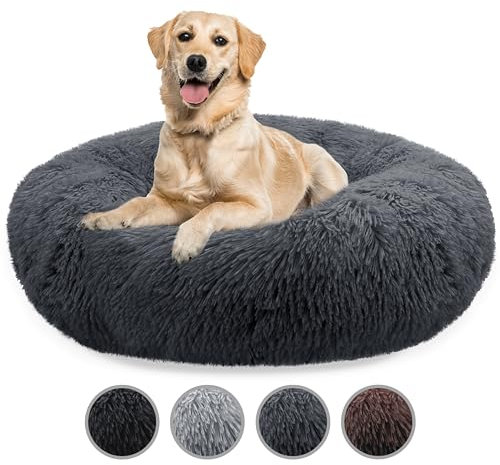 bluzelle Hundebett Große Hunde, 120cm Hundekissen Rund Donut Kissen Hundekorb Flauschig Plüsch, Ergonomisch Bezug Waschbar rutschfest Weich Kuschelig Kunstfell, Farbe:Dunkel-Grau