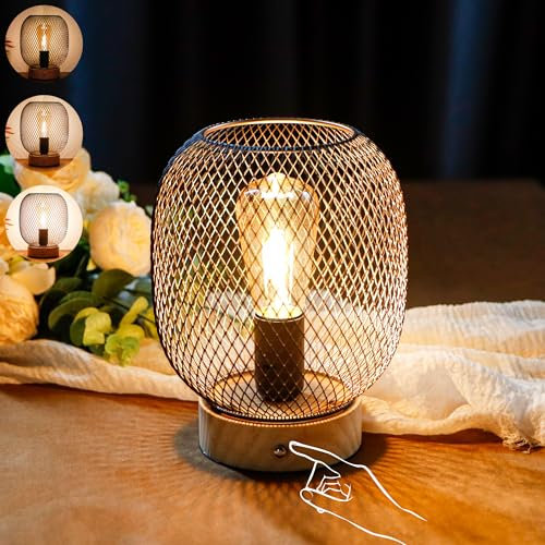 JHY DESIGN Dimmable Touch Bedside Table Lamp Metal Cage Rechargeable Battery Powered Light with LED Bulb Cordless Accent Lantern for Weddings Patio for Indoors Outdoors (Round, Wooden Base)