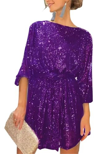 ORANDESIGNE Robe de Paillettes à Col V pour Femme de Soirée Asymétrique Épaules Nues Chic Robe-Mini Brillante Paillette Disco à Manches Longues A Violet L