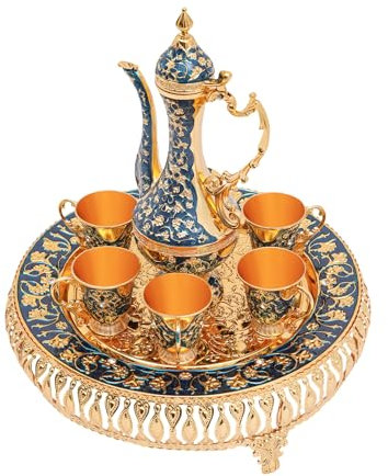 Ensemble de cafetière turque - Service à thé vintage - Verre à vin samovar russe en métal avec 6 tasses à café de luxe et plateau à thé fabriqué à la main - Pour décoration de table à thé (doré et
