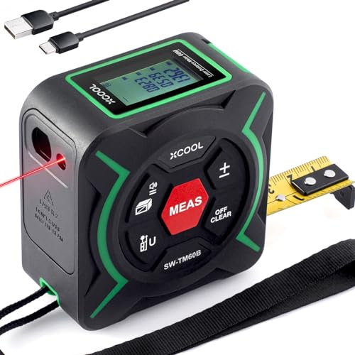 XCOOL Sw-tm60b 2-in-1 Digital Tape Measure with Laser, 197-ft, Self-locking Tape Measure, Magnetic Hook, Pythagorean, Area, Volume, Movable Hook, Rubber Casing, USB-C Charging