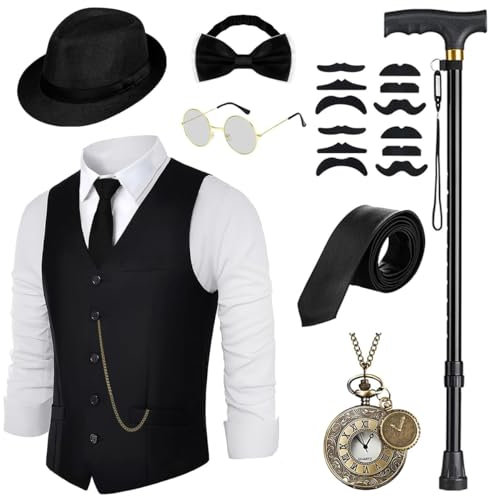 WILDPARTY 20er Jahre Kostüm Herren Weste mit Accessories, Faltbare Krücke Taschenuhr Bart Fedora Gläser, Krawatte, Fliege, für Mafia Kostüm 1920S Gangster Peaky Blinders Karneval Halloween Mottoparty