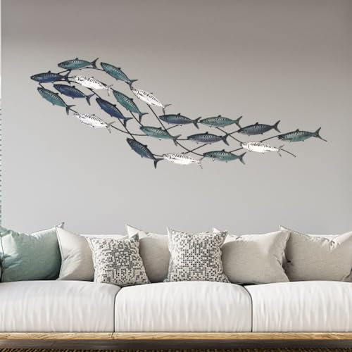 yjnhxns Große Wanddekoration aus Metall mit Fischen, Küstenfisch-Skulptur aus Metall, handgefertigte Wandkunst mit Fischschwarm, für Strandbadezimmer, Wohnzimmer