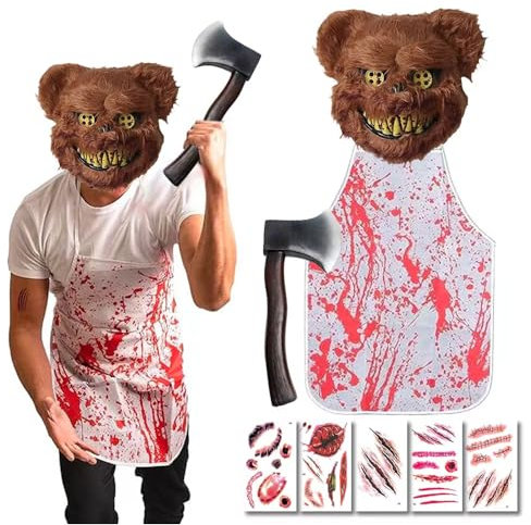Yi'antai Costume de Boucher Halloween, Costume de Ours D'horreur, Masque de Ours, Deguisement Halloween Homme, Homme Horreur Tueur, Tablier Ensanglanté, Temporary Tattoo Sheets
