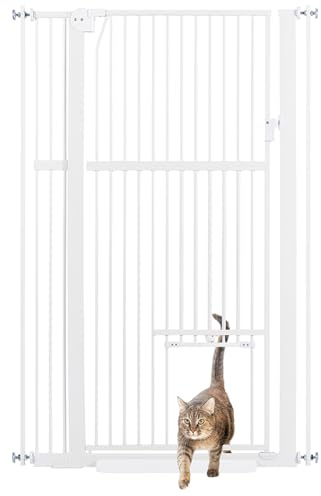 unipaws 142 cm Tall Dog Gate with Cat Door, 79-95 cm Wide Pressure Mounted Pet Gate for Stair Doorway, Walk Through Pet Gate, White