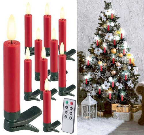 Lunartec Tannenbaum Kerzen: 10er-Set LED-Weihnachtsbaumkerzen mit Dochten und Flammen-Effekt, rot (Weihnachtsbaumbeleuchtung, LED-Kerzen mit Kerzendocht, 3D)