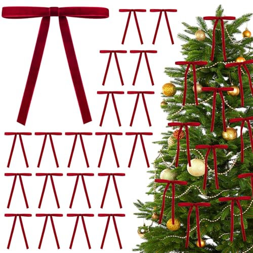 Shining She 30 PCS Christmas Velvet Bows, 5 x 7in Christmas Tree Bow Ornaments, Vintage Velvet Christmas Tree Bow Decorations, Velvet Bows with Twist Ties for Xmas Wreaths Garland Tree, Wine Red