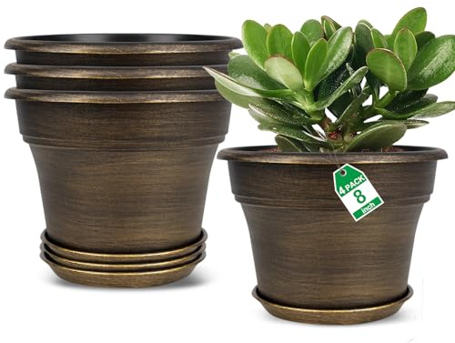 Fodetyff Planters-Plant-Pots-Indoor-Outdoor, 8 inch 4 Pack Gold | Plastic Flower Pot for Indoor Plants with Drainage Holes & Saucers, Resin Decorative Garden Pots with Trays for House