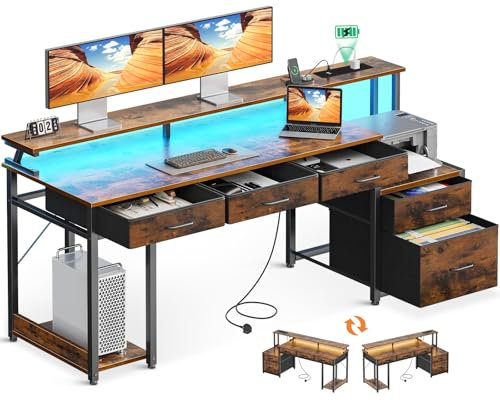 Coleshome Computer Desk with Drawers, 162x48cm Office Desk with LED Lights & Power Oultet, Reversible PC Study Table with Storage, Vintage Brown