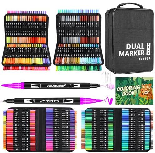 Sanyetral 168 Colouring Pens for Adults, Dual Tip Brush Pens, Felt Tip Pens Art Set with Coloring Books for Artists Writing, Drawing, Painting, Sketching, Calligraphy