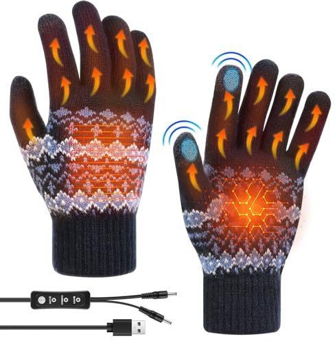 Guantes térmicos USB, guantes térmicos USB para hombres y mujeres, guantes de invierno para pantalla táctil con 3 niveles de temperatura ajustable, guantes de punto lavables para interiores y