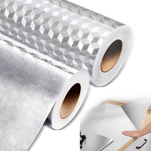 Oil Proof Sticker, 2 PCS Kitchen Oil Proof Stickers, 40CM X 300CM Heat Resistant Aluminum Foil Wall Sticker Waterproof Aluminum Foil Stickers for Kitchen Drawer Liners Shelf Liner