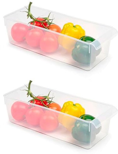 Tradineur - Pack de 2 cajones organizadores Reutilizables para frigorífico Nº 12, Recipiente de plástico Polipropileno con asa, Fruta, verdura, Fabricado en España (Translúcido - 10 x 14,5 x 37 cm)