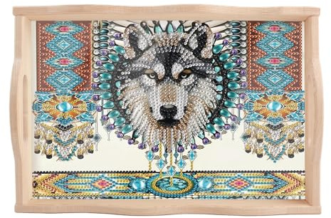 SHEGZHUC Diamant Painting Tablett Serviertablett mit Griffen 20x30cm Holztablett Rechteckig Dekotablett Küchentablett Frühstückstablett fürs Bett (Diamond Painting Wolf)