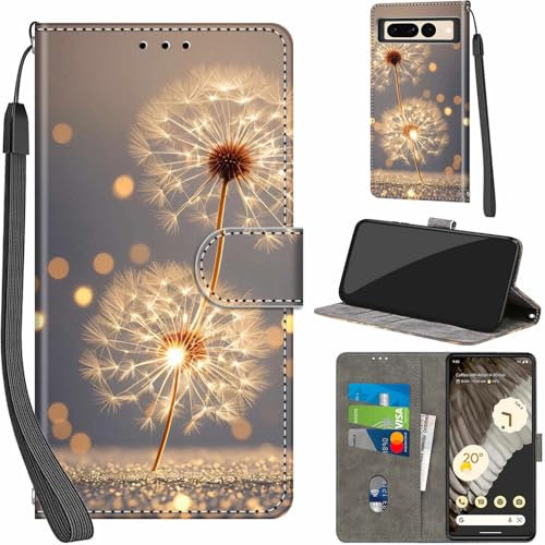 PHINIENLAND Handyhülle für Google Pixel 7 Pro Hüllen Premium Leder Case Klappbar Wallet Magnet Kartenfach Standfunktion Schutzhülle kompatibel mit Pixel 7 Pro Cover,Löwenzahn