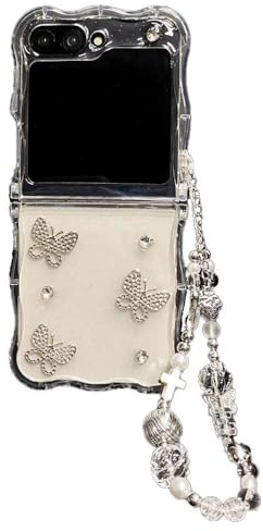 PIQIUZC Schutzhülle für Samsung Galaxy Z Flip 6/Z Flip 5, niedliches Glitzer-Design, Schmetterlingsmuster, für Damen und Mädchen, TPU, transparent, stoßfest (Z Flip 6, mit Kette)