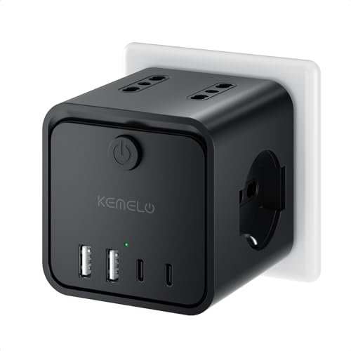 Ciabatta Elettrica Multipresa con 4 Prese Universali 10/16A ITA e Schuko, Ciabatta Multipresa con 2 USB A+2 USB C,Presa Multipla Spina Piatta Salvaspazio con Interruttori per Casa, Ufficio Nero