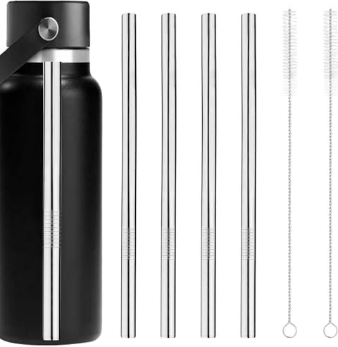 4pcs Metal Straw Replacement for Hydro Flask 40oz Wide Mouth with Straw Cap, Stainless Steel Cup Straws with 2pcs Brushes Compatible with HydroFlask Wide Mouth Bottle(Silver)