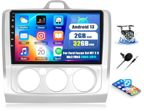 Android 13 Autoradio 2+32GB für Ford Focus Mk2 Mk3 Exi MT 2 3 2004-2011 mit Mirror Link, 9 Zoll HD 1080P Touchscreen mit Bluetooth WiFi GPS-Navigation FM/RDS USB SWC+Rückfahrkamera