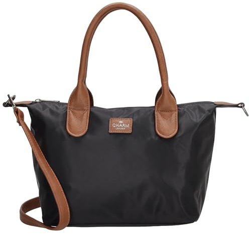 Charm London Buckingham Damen Handtasche, minimalistisch, e Details, verstellbarer Schulterriemen, Reißverschlusstaschen, doppelter Griff, stylisch, inspiriert von britischer Mode