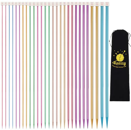 Reessy Coloured Knitting Needles Set-35cm Long, 28Pcs /14 Pairs Aluminium Single Pointed Needle 2 mm-10 mm, Long Knitting Needles, Straight Metal Knitting Needle with Soft Storage Case for Beginners