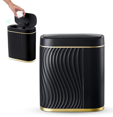 Mülleimer 8L Badezimmer Mülleimer Küche, Wasserdichter Bad Müllei-mer Schmal mit Deckel Automatischer Müll-eimer Geruchsdicht, Müll-eimer Elektrisch mit Sensor für Schlafzimmer, Wohnzimmer, Schwarz