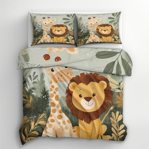Generisch Bettwäsche 135x200 Dschungel Tiere Design, 2teilig - Niedlich Karikatur Waldtiere Bettbezug und 1 Kissenbezug 80x80, Wendebettwäsche, Schlafzimmer Deko, Mikrofaser, mit Reißverschluss Z&X51