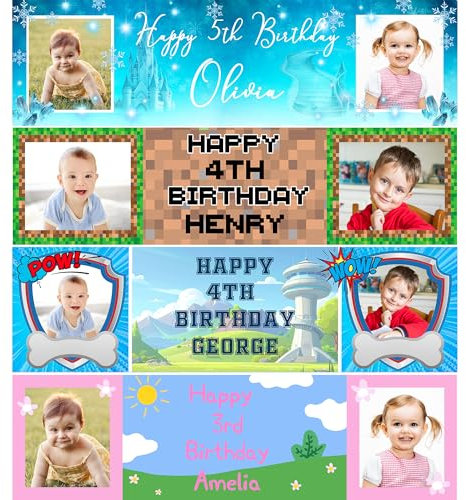 Cartel de fiesta personalizado con fotos - Decoración personalizada para niños - 110 x 30 cm Cartel de feliz cumpleaños para niñas y niños - MNCT