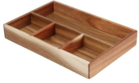 Carousel Home Acacia Wood Drawer Organiser | Wooden 4 Compartment Draw Dividers Wooden Storage Box | Storage for Cutlery, Makeup & Office Desk - 30x20cm