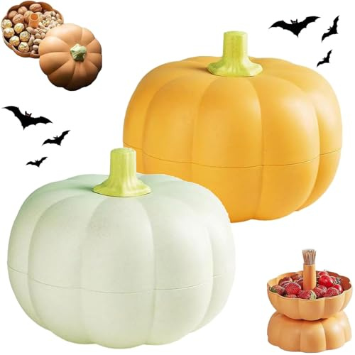 Pumpkin Snack Tray, Detachable Pumpkin Snack Bowl with Dividers, Halloween & Thanksgiving Party Serving Tray, Double Layer Design for Candy, Nuts, Fruits (Yellow+Green)