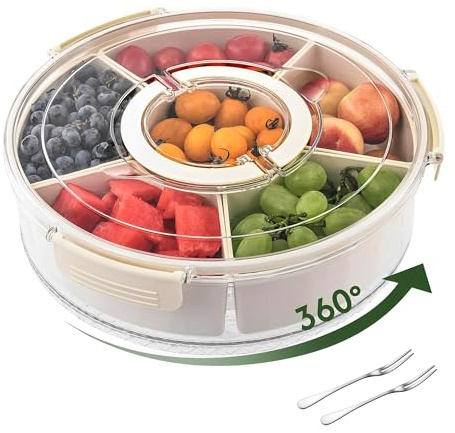 7BRO'S Rotating Snack Box Container with Lid for Kids, Veggie Tray with Lid for Fridge, Divided Serving Tray for Parties, Rotating Food Tray for Vegetables and Fruits (Small Snack box 10)