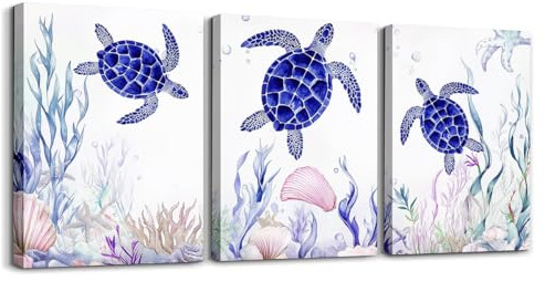 Homewish Lila Leinwand Bilder Ozeanschildkröte Wandbilder Wohnzimmer für Kinder Unterwasser-Kreatur Bilder Schlafzimmer Meer Küstentiere Bild Auf Leinwand Home Wall Art Dekor 40x30cmx3Pcs