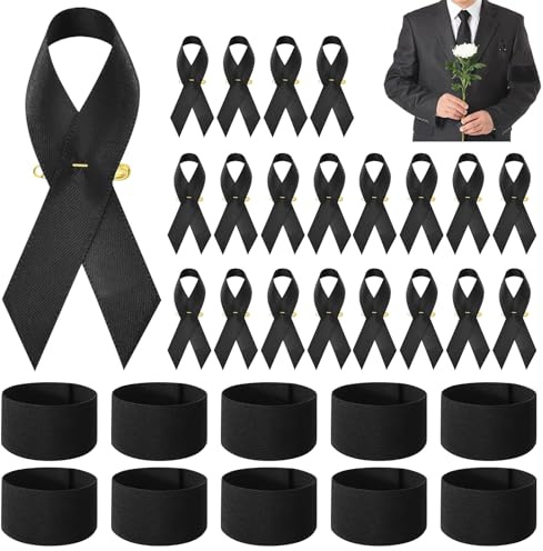 Qaestuan 10 Stück Elastisches Trauer-Armbinde, 20 Stück Anstecknadel für Trauer, Trauerflor Armbinde Schwarz, Schwarze Satinbroschen und Elastische Trauerarmbinden Satz, für Beerdigung,Trauer,Fußball