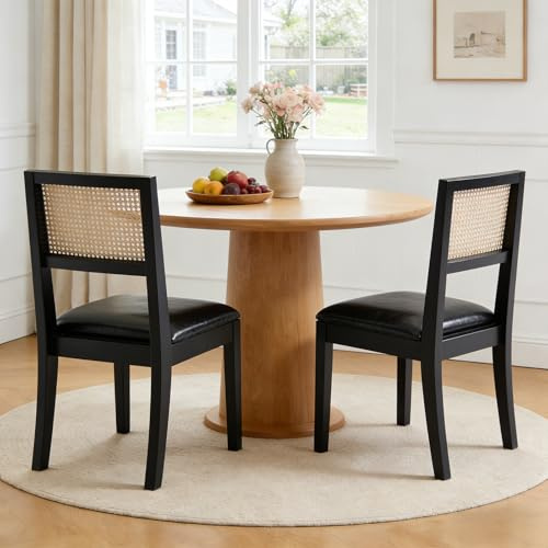 Relbiety Esszimmerstühle 2er Set mit Rattan Rückenlehne Sitzfläche aus Kunstleder,Polsterstuhl ohne Armlehnen Küchenstuhl mit Holzbeinen für Esszimmer,Küche,Wohnzimmer,Schwarz