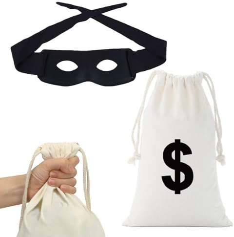 2 Stück Panzerknacker Maske + Dollar Geldsack,räuber maske,dieb verkleidung,bankräuber kostüm,fasching einbrecher,Retro bankräuber accessoires,Geeignet für Halloween- Karnevals- und Geburtstagskostüme
