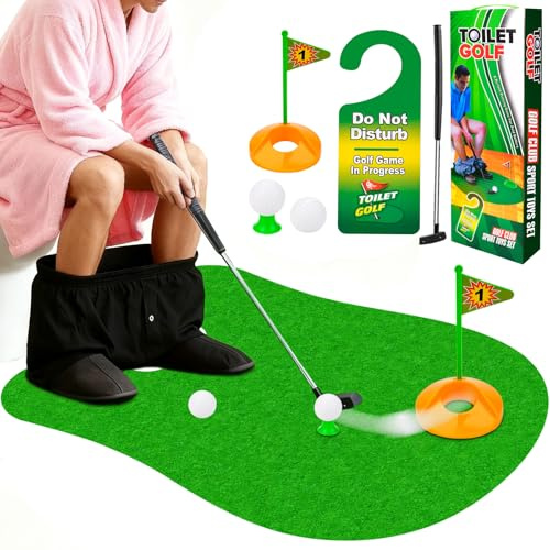 Pipihome Golf Toilette, Mini Golf Toilette Accessoire Set à la Maison, Mini Cadeau Rigolo Homme pour la Salle de Bain, avec Club de Golf 65 cm, Tapis Golf et Balle de Golf