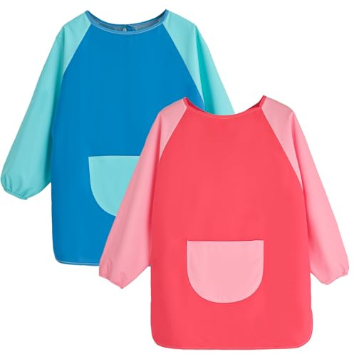 Camptrip 2 Stück Malschürze Kinder, Wasserdicht Malerkittel mit Tasche | Einstellbar Bastelschürze, Lange Ärmel mit Taschen für 3-12 Jahre, Bastelschürze für Schule Kunst Malerei Backen Kochen