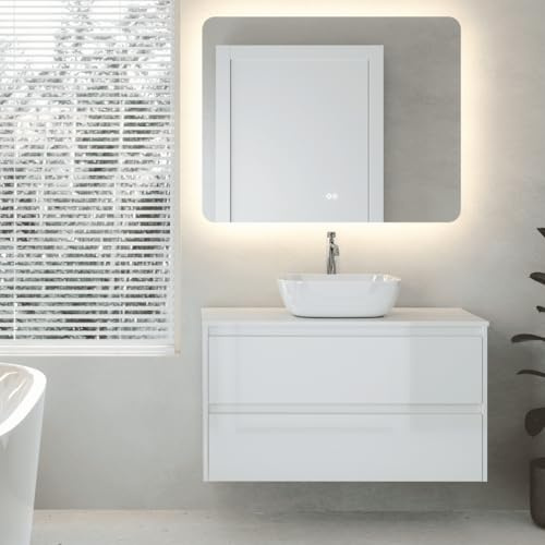Mueble de Baño Suspendido con Lavabo Sobreponer Cerámico | Mueble Volado 2 Cajones | 100 cm Blanco Brillo