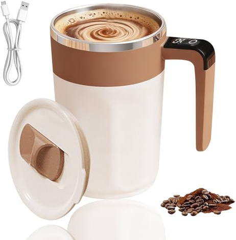 400ml Magnetische Selbstrührende Tasse mit Temperaturanzeige, Intelligenter Kaffeebecher mit Deckel, 316 Edelstahl Selbst Rührende kaffeetasse Selbstrührender Becher Für Kaffee Milch Getränke(Khaki)