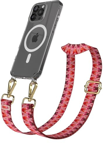 EAZY CASE Handykette - Verstellbares Taschenband kompatibel mit iPhone 16 Pro Max, Schulterriemen, Handykordel mit Silikon Hülle, Qi Charging kompatibel, Umhängetasche, Beere Gold