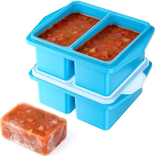 Huiguli 2 Pack Bandejas de Silicona para Congelar con Tapa, Moldes de Silicona para Congelador, Bandeja Cubiteras para Hielo, Recipientes para Congelar Sopas, Salsas y Preparar Comidas,250/500ml, Azul