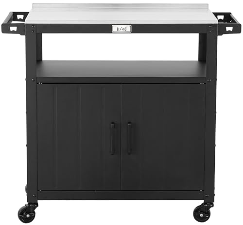 Feasto Outdoor Grill Cart with Storage Cabinet | Garden Serving Trolley with Stainless Steel Tabletop, Ideal for Pizza Oven, BBQ Food Prep and Outdoor Kitchen, 100x45x88 cm
