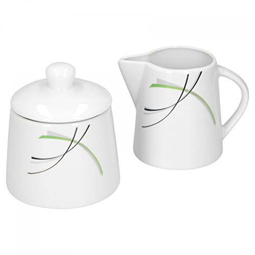 Van Well Set Zuckerdose 28cl & Milchkännchen 23cl Donna - weißes Porzellan mit Liniendekor 2-teilig