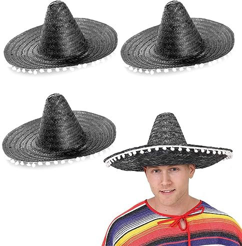 I LOVE FANCY DRESS LTD SOMBRERO NEGRO CON PONPONS BLANCOS PARA ADULTOS PERFECTO PARA FIESTAS TEMATICAS O 5 DE MAYO (1 UNIDAD)