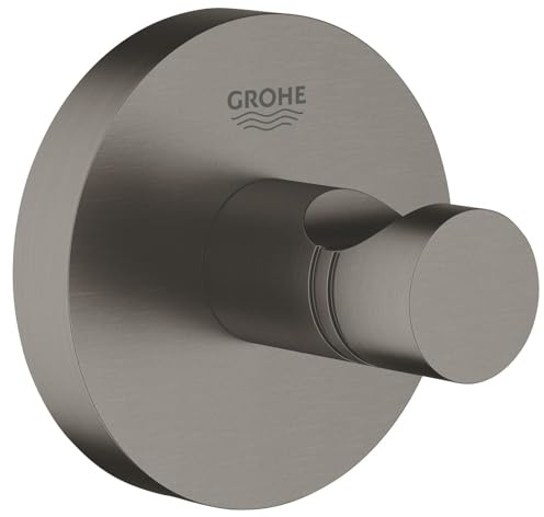 GROHE Essentials Robe Hook – Bathroom Wall Mounted Shower Towel Hanger (Metal, Concealed Fastening, Including Screws and Dowels, Suitable for Screwing or Gluing), Brushed Anthracite, 40364AL1