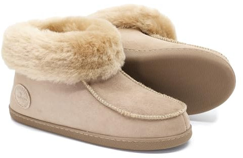 Vanuba Peppin Handmade Damen Hausschuhe, Naturleder, 100% Schafwolle, Warme und Bequeme Hausschuhe, Leder Beige/Beige, 37 EU