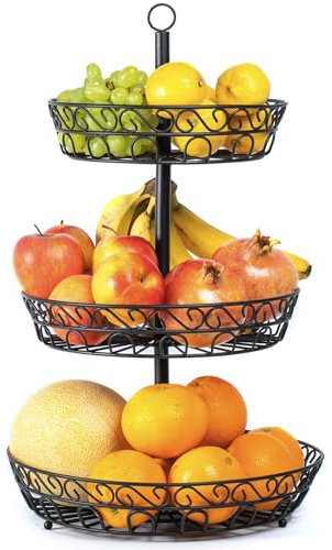 Chefarone frutero de 3 pisos - Cesta de frutas metálica para mostrador y organizador cocina – Fruteros de cocina negro estilo vintage – Para verduras y frutas frescas - Soporte de frutas con cuencos