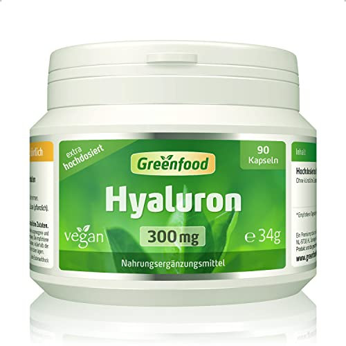 Hyaluron, hochdosiert, 300mg - 90 Kapseln, vegan. 300 mg reine Hyaluronsäure pro Kapsel - gewonnen durch natürliche Fermentation. OHNE künstliche Zusätze - laborgeprüft. Von Greenfood.