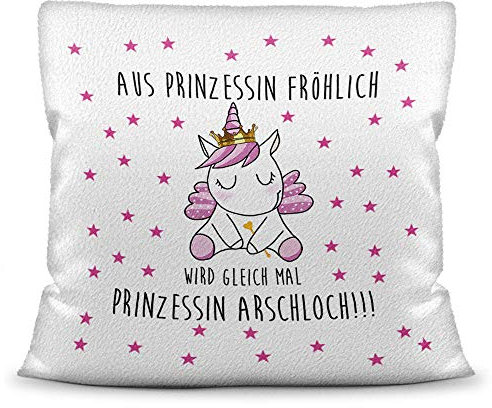 Trend-Kissen mit tierischen Motiv und Spruch - Prinzessin fröhlich - Kissenbezug inklusive Kissen/Geschenk-Idee/Liebling/Verliebt/Paar/Weiss - Polyester (flauschig)